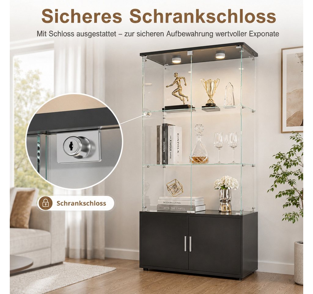 Simurq Glasvitrine Standvitrine aus Glas mit LED, Vitrinenschrank Schrank für Sammlung (Glas Vitrine mit 2 Glastür und 3 Lagen, Glasschrank mit Schloss) Vitrine – Bild 5 von 5