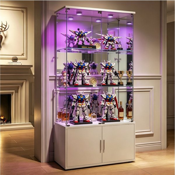 Simurq Glasvitrine Standvitrine aus Glas mit LED, Vitrinenschrank Schrank für Sammlung (Glas Vitrine mit 2 Glastür und 3 Lagen, Glasschrank mit Schloss) Vitrine