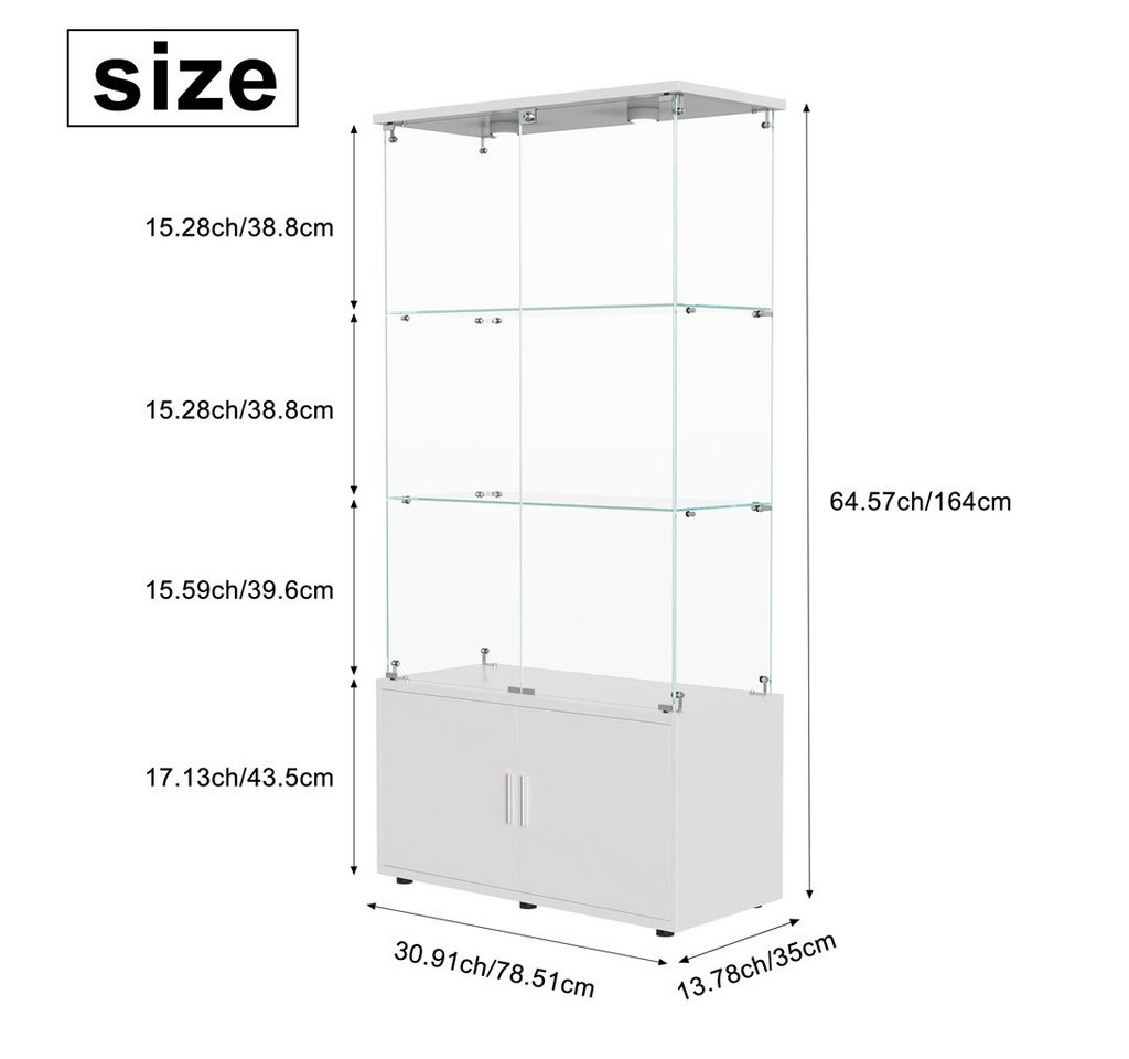 Simurq Glasvitrine Standvitrine aus Glas mit LED, Vitrinenschrank Schrank für Sammlung (Glas Vitrine mit 2 Glastür und 3 Lagen, Glasschrank mit Schloss) Vitrine – Bild 2 von 5