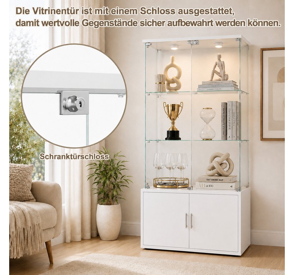 Simurq Glasvitrine Standvitrine aus Glas mit LED, Vitrinenschrank Schrank für Sammlung (Glas Vitrine mit 2 Glastür und 3 Lagen, Glasschrank mit Schloss) Vitrine – Bild 3 von 5