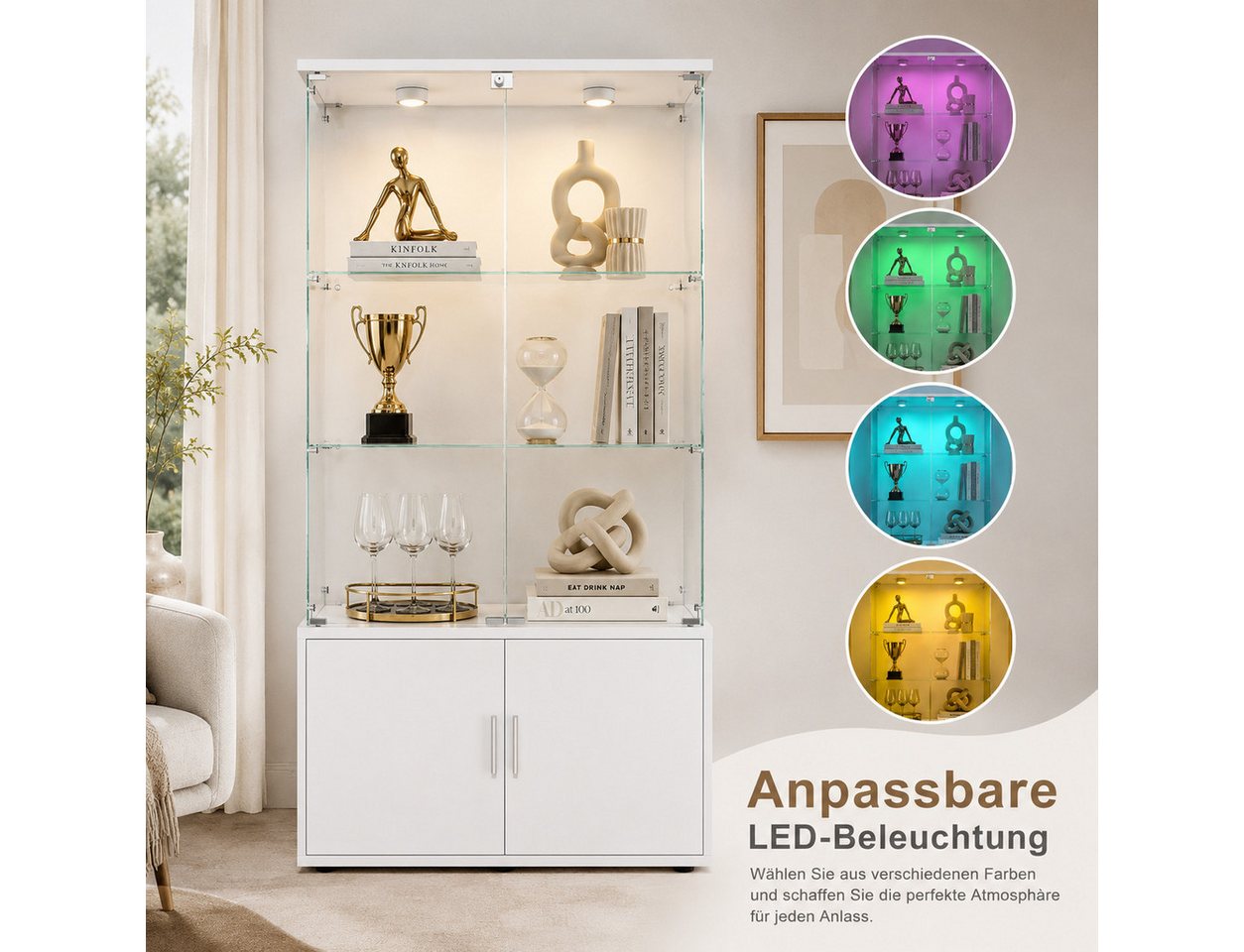 Simurq Glasvitrine Standvitrine aus Glas mit LED, Vitrinenschrank Schrank für Sammlung (Glas Vitrine mit 2 Glastür und 3 Lagen, Glasschrank mit Schloss) Vitrine – Bild 4 von 5