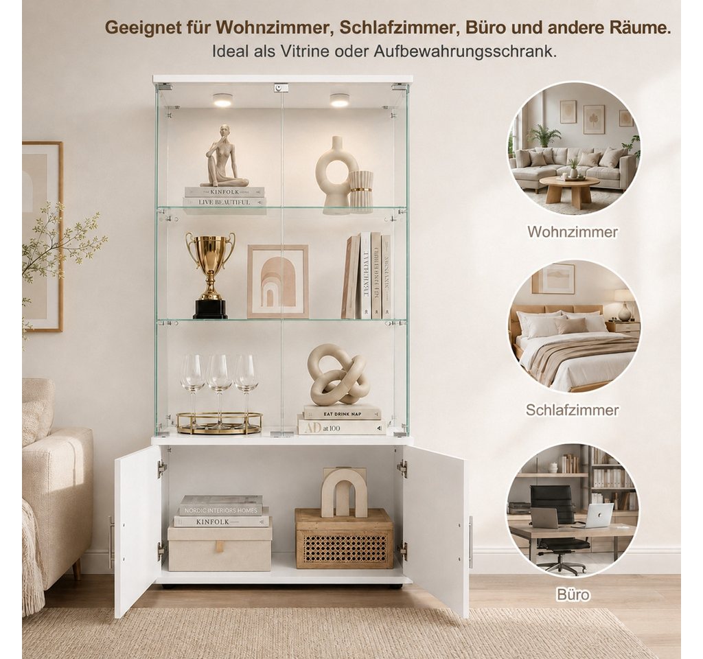 Simurq Glasvitrine Standvitrine aus Glas mit LED, Vitrinenschrank Schrank für Sammlung (Glas Vitrine mit 2 Glastür und 3 Lagen, Glasschrank mit Schloss) Vitrine – Bild 5 von 5