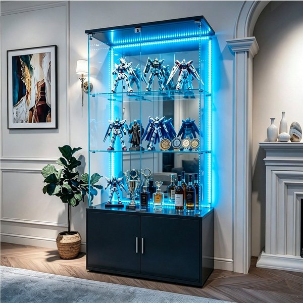 Simurq Glasvitrine Standvitrine aus Glas mit LED, Vitrinenschrank Schrank für Sammlung (Glas Vitrine mit 2 Glastür und 3 Lagen, Glasschrank mit Schloss) Vitrine