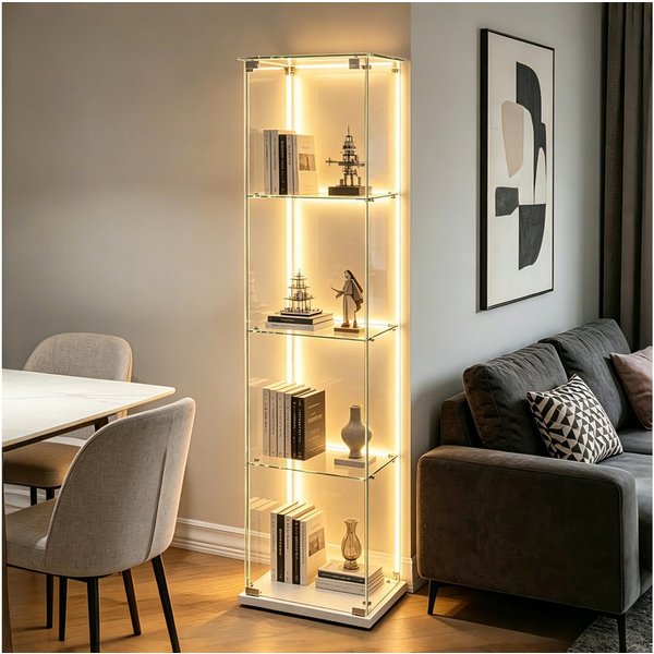 Simurq Glasvitrine Standvitrine mit Glastüren, Vitrine Glas mit LED, Vitrinenschrank (Eckglasanzeigeschrank, Sammlervitrine,Rahmenloses Design) Eckglasanzeigesc