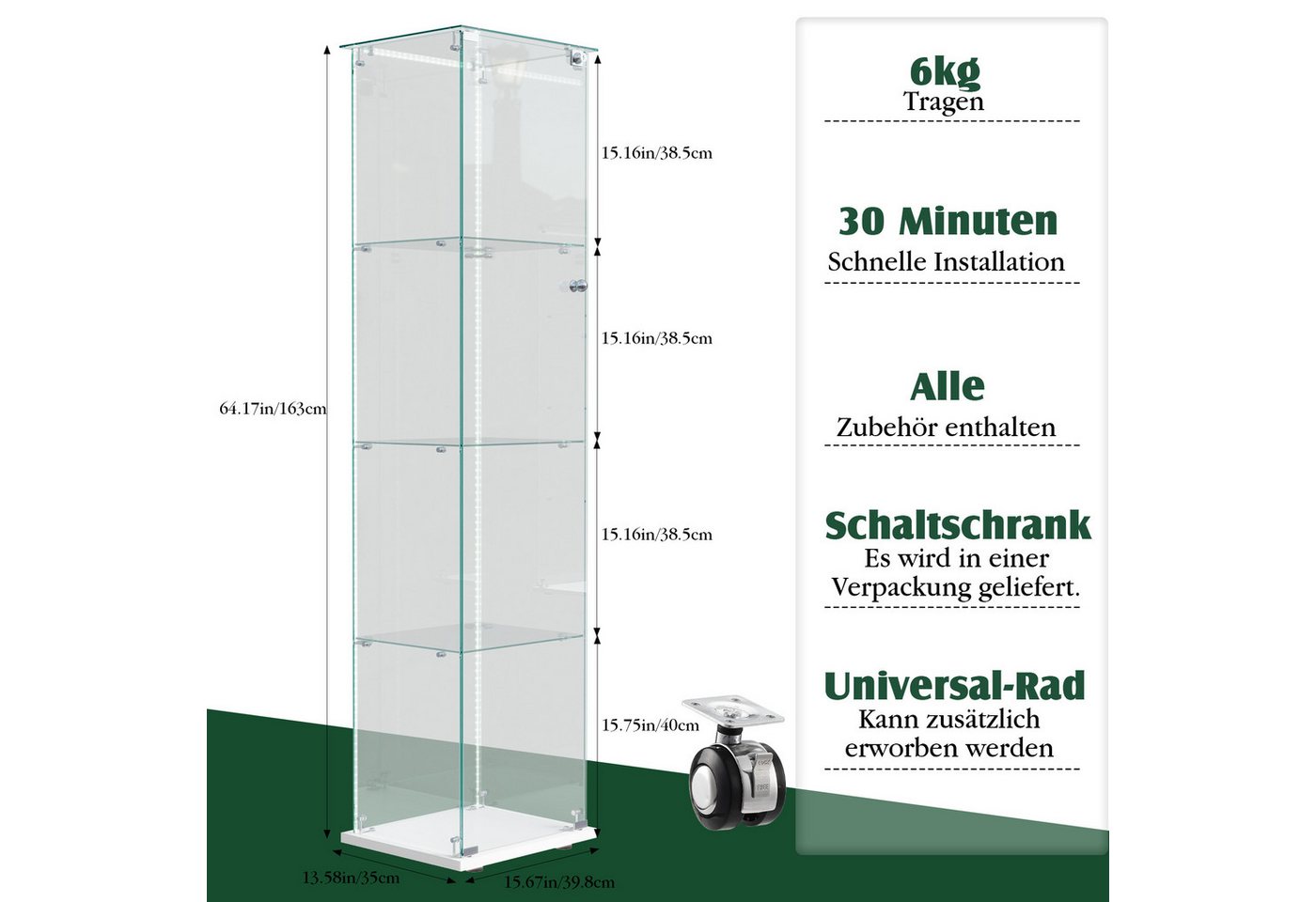 Simurq Glasvitrine Standvitrine mit Glastüren, Vitrine Glas mit LED, Vitrinenschrank (Eckglasanzeigeschrank, Sammlervitrine,Rahmenloses Design) Eckglasanzeigesc – Bild 2 von 5
