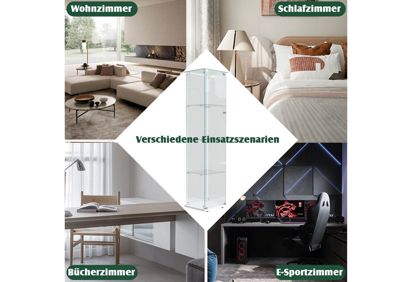 Simurq Glasvitrine Standvitrine mit Glastüren, Vitrine Glas mit LED, Vitrinenschrank (Eckglasanzeigeschrank, Sammlervitrine,Rahmenloses Design) Eckglasanzeigesc – Bild 3 von 5