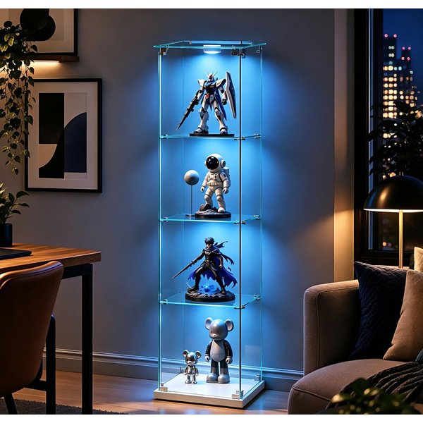 Simurq Glasvitrine Standvitrine mit Glastüren, Vitrine Glas mit LED, Vitrinenschrank (Eckglasanzeigeschrank, Sammlervitrine,Rahmenloses Design) Eckglasanzeigesc
