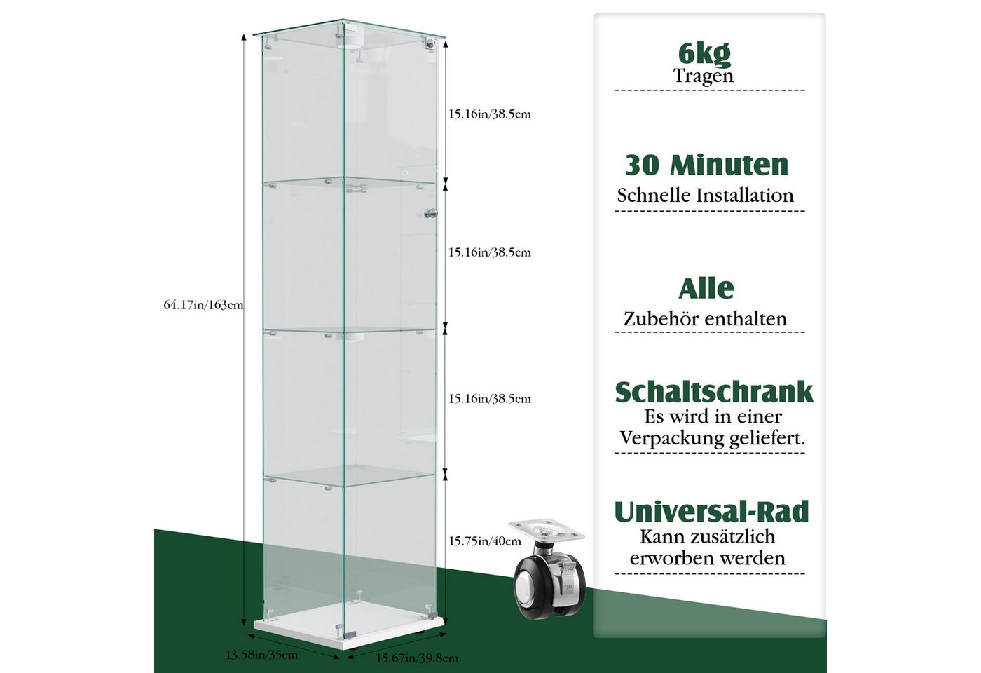 Simurq Glasvitrine Standvitrine mit Glastüren, Vitrine Glas mit LED, Vitrinenschrank (Eckglasanzeigeschrank, Sammlervitrine,Rahmenloses Design) Eckglasanzeigesc – Bild 2 von 5