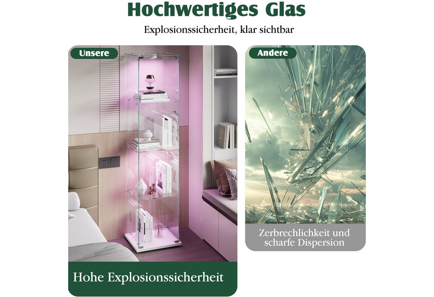 Simurq Glasvitrine Standvitrine mit Glastüren, Vitrine Glas mit LED, Vitrinenschrank (Eckglasanzeigeschrank, Sammlervitrine,Rahmenloses Design) Eckglasanzeigesc – Bild 3 von 5