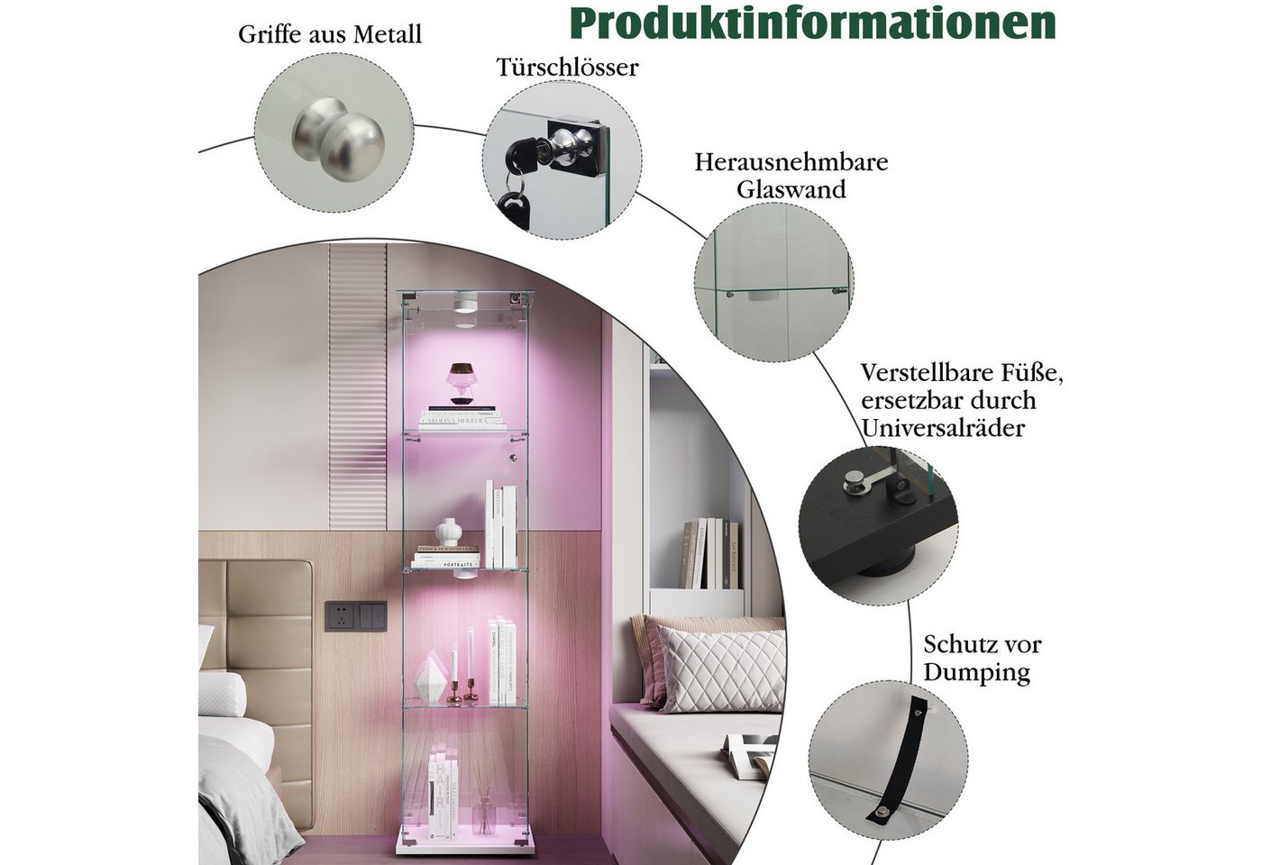 Simurq Glasvitrine Standvitrine mit Glastüren, Vitrine Glas mit LED, Vitrinenschrank (Eckglasanzeigeschrank, Sammlervitrine,Rahmenloses Design) Eckglasanzeigesc – Bild 5 von 5