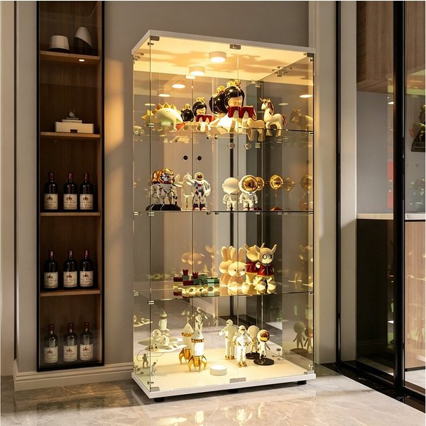 Simurq Glasvitrine Standvitrine mit LED, Glas Vitrinenschrank für Sammlung (1-St, 4 Lagen Glasschrank mit 2 Glastür, Glas Vitrine mit Schloss) Glasvitrine Stehe