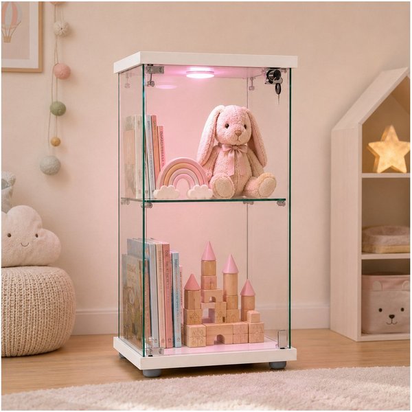 Simurq Glasvitrine Standvitrine mit LED und 1 Glastüren, 2 Lagen Glas Vitrinenschrank (Standvitrine aus Gehärtetes Glas und Holz, Glasschrank mit 1 Türen,Schlos