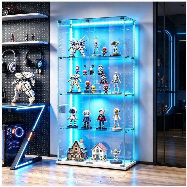 Simurq Glasvitrine Standvitrine mit LED und 2 Glastüren, Vitrinenschrank Glas (4 Ebenen(78,5x35x163 cm), 5 Ebenen(78,5x34,5x186,5 cm), Glasschrank mit 2 Türen,S