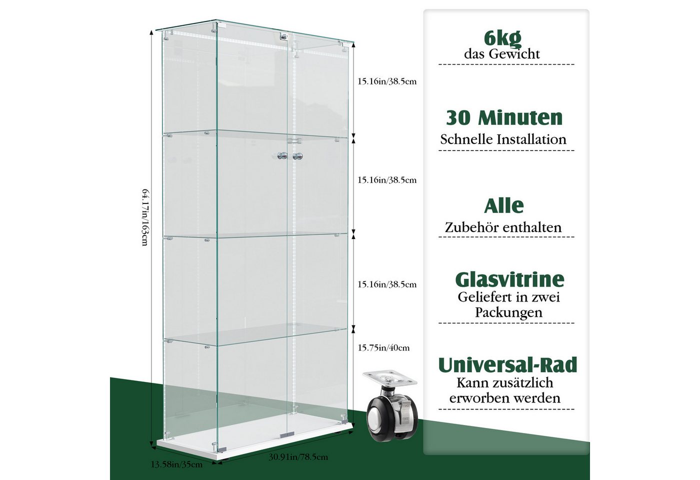 Simurq Glasvitrine Standvitrine mit LED und 2 Glastüren, Vitrinenschrank Glas (4 Ebenen(78,5x35x163 cm), 5 Ebenen(78,5x34,5x186,5 cm), Glasschrank mit 2 Türen,S – Bild 2 von 5