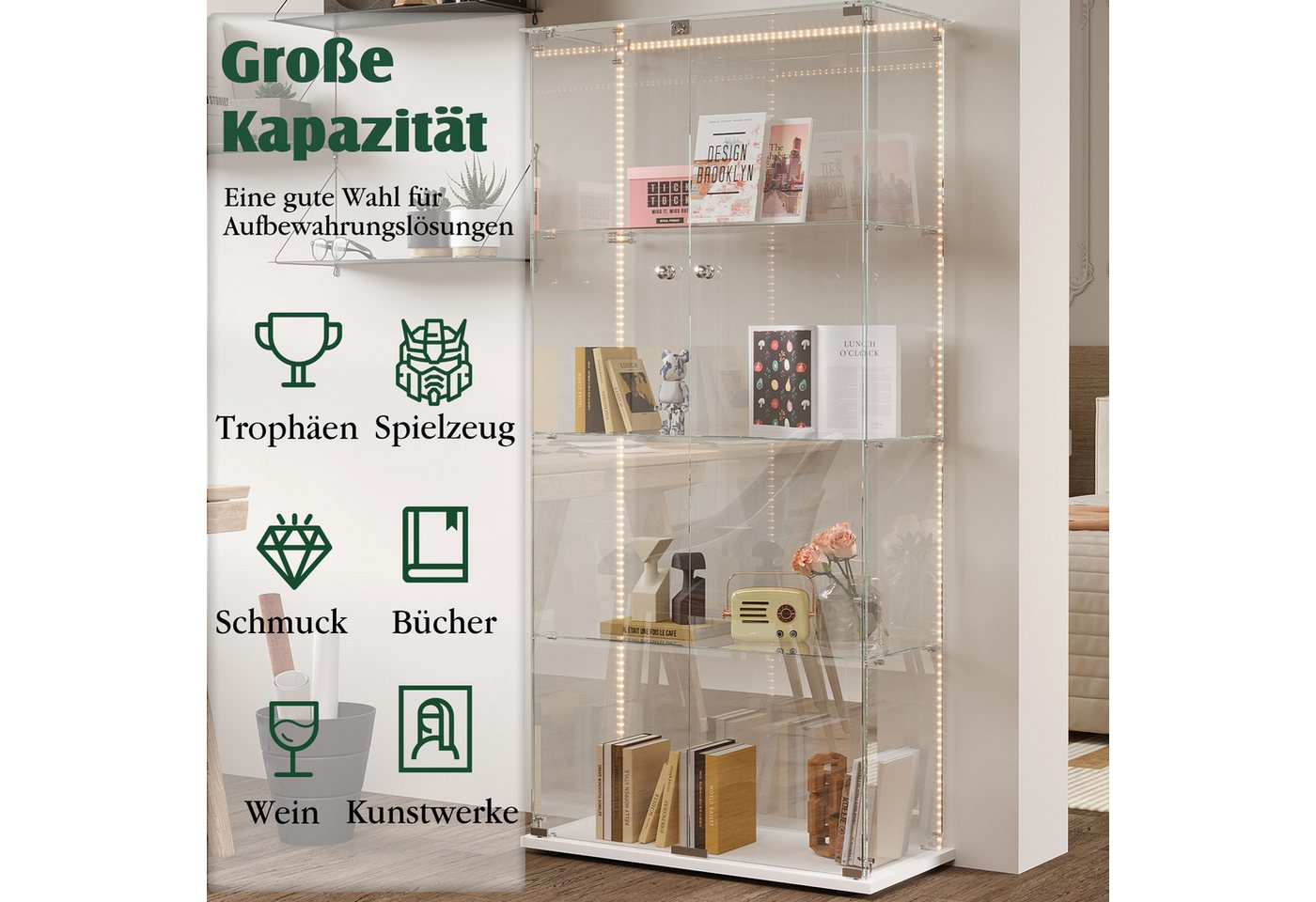 Simurq Glasvitrine Standvitrine mit LED und 2 Glastüren, Vitrinenschrank Glas (4 Ebenen(78,5x35x163 cm), 5 Ebenen(78,5x34,5x186,5 cm), Glasschrank mit 2 Türen,S – Bild 3 von 5