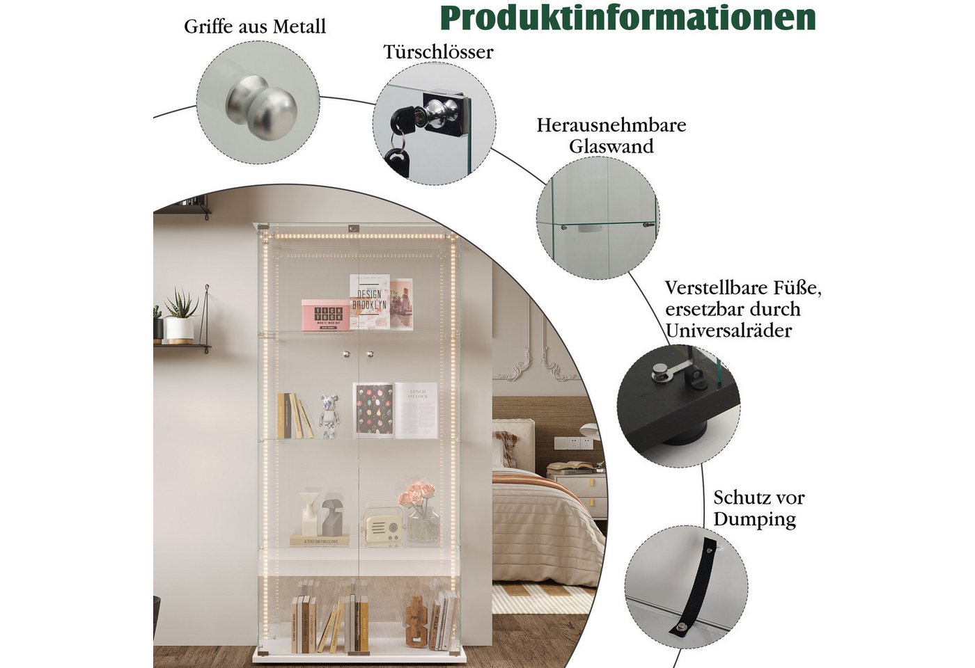 Simurq Glasvitrine Standvitrine mit LED und 2 Glastüren, Vitrinenschrank Glas (4 Ebenen(78,5x35x163 cm), 5 Ebenen(78,5x34,5x186,5 cm), Glasschrank mit 2 Türen,S – Bild 4 von 5