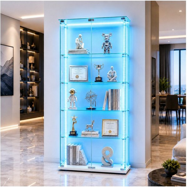 Simurq Glasvitrine Standvitrine mit LED und 2 Glastüren, Vitrinenschrank Glas (4 Ebenen(78,5x35x163 cm), 5 Ebenen(78,5x34,5x186,5 cm), Glasschrank mit 2 Türen,S