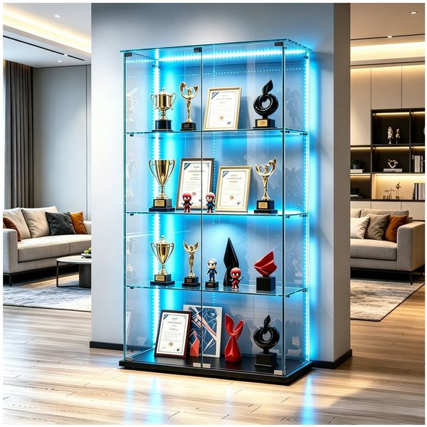 Simurq Glasvitrine Standvitrine mit LED und 2 Glastüren, Vitrinenschrank Glas (4 Ebenen(78,5x35x163 cm), 5 Ebenen(78,5x34,5x186,5 cm), Glasschrank mit 2 Türen,S