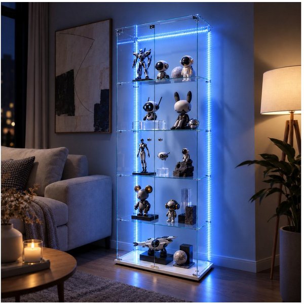 Simurq Glasvitrine Standvitrinen mit LED Beleuchtung Vitrinenschrank mit Glastür Sammlervitrine aus gehärtetes Glas,Modernes rahmenloses Design