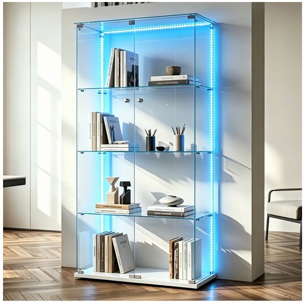 Simurq Glasvitrine Standvitrinen mit LED Beleuchtung Vitrinenschrank mit Glastür (glas vitrine mit 2 Glastür und 4 Lagen,Schloss,Kippsicherung) Sammlervitrine a