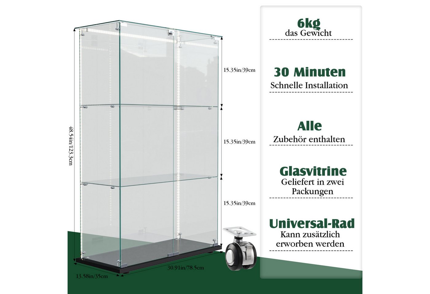 Simurq Glasvitrine Standvitrinen mit LED Beleuchtung Vitrinenschrank mit Glastür Sammlervitrine aus gehärtetes Glas,Modernes rahmenloses Design – Bild 2 von 5