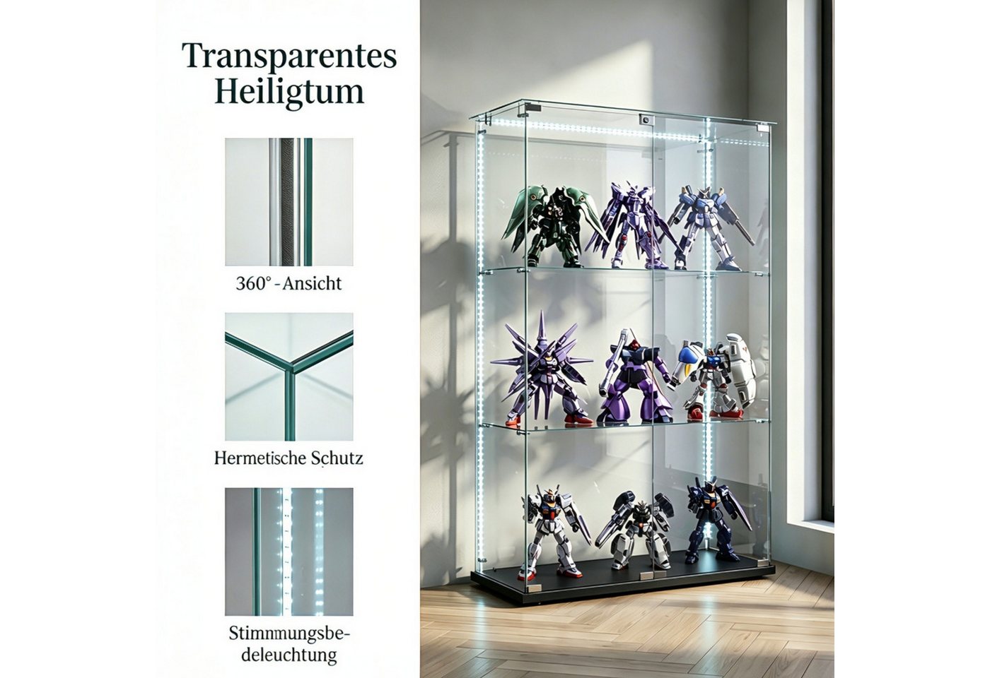 Simurq Glasvitrine Standvitrinen mit LED Beleuchtung Vitrinenschrank mit Glastür Sammlervitrine aus gehärtetes Glas,Modernes rahmenloses Design – Bild 3 von 5