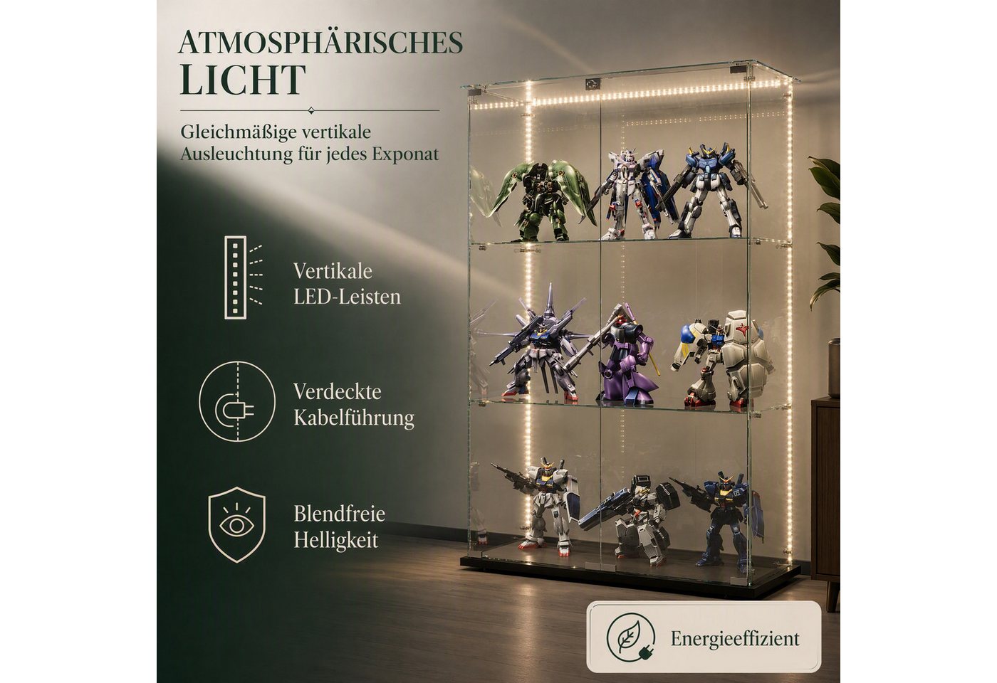 Simurq Glasvitrine Standvitrinen mit LED Beleuchtung Vitrinenschrank mit Glastür Sammlervitrine aus gehärtetes Glas,Modernes rahmenloses Design – Bild 4 von 5