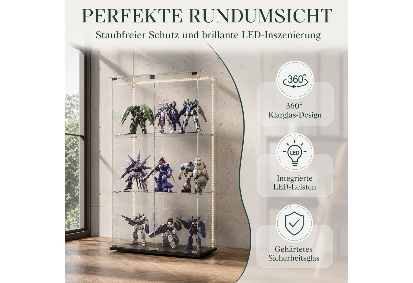Simurq Glasvitrine Standvitrinen mit LED Beleuchtung Vitrinenschrank mit Glastür Sammlervitrine aus gehärtetes Glas,Modernes rahmenloses Design – Bild 5 von 5