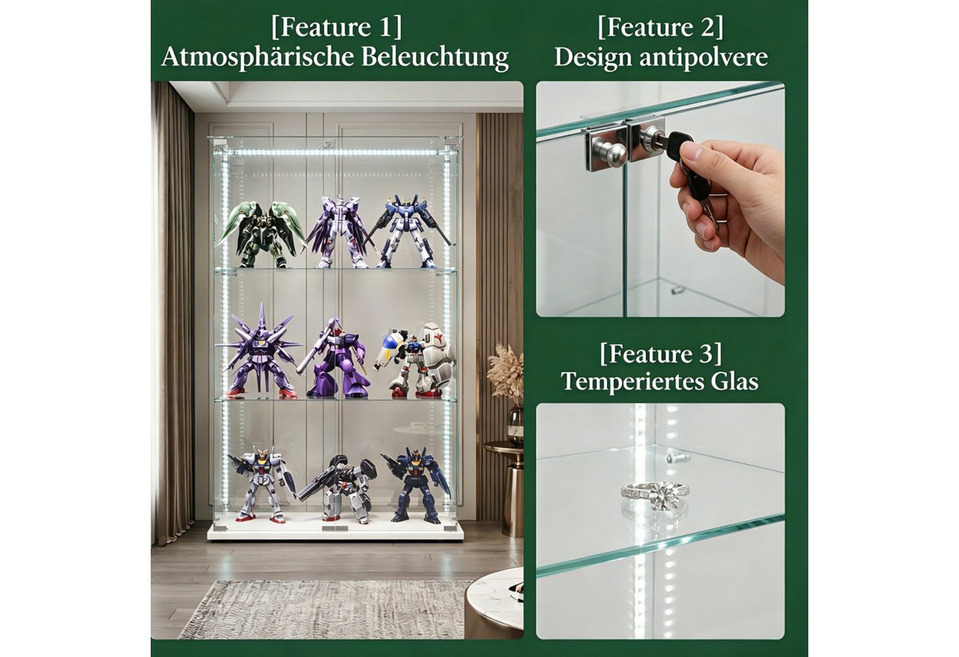 Simurq Glasvitrine Standvitrinen mit LED Beleuchtung Vitrinenschrank mit Glastür (glas vitrine mit 2 Glastür und 3 Lagen,Schloss,Kippsicherung) Sammlervitrine a – Bild 3 von 5