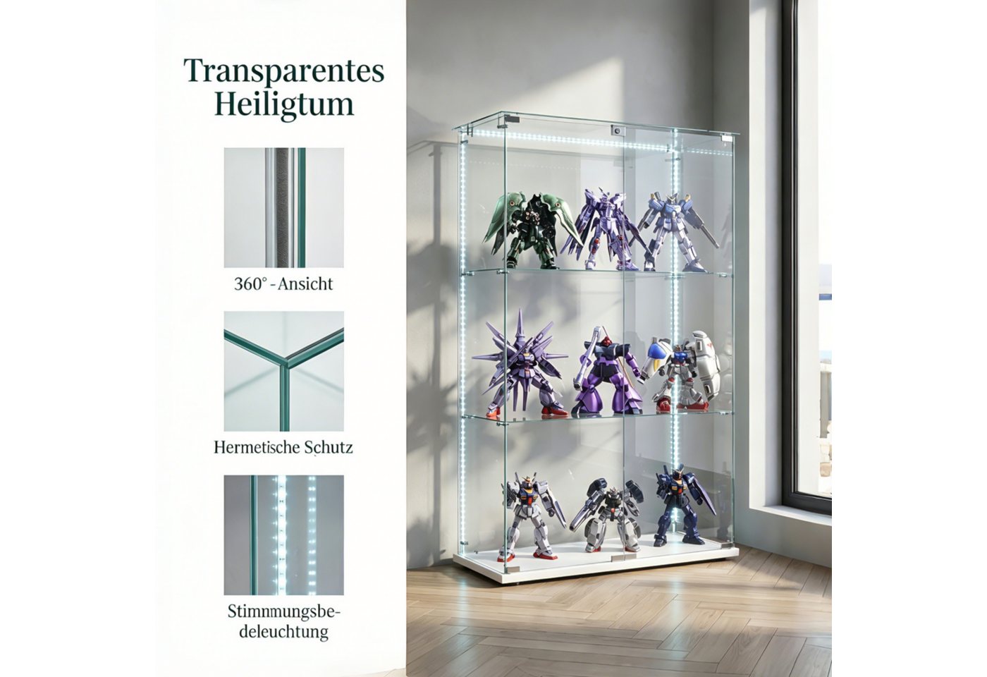 Simurq Glasvitrine Standvitrinen mit LED Beleuchtung Vitrinenschrank mit Glastür (glas vitrine mit 2 Glastür und 3 Lagen,Schloss,Kippsicherung) Sammlervitrine a – Bild 4 von 5