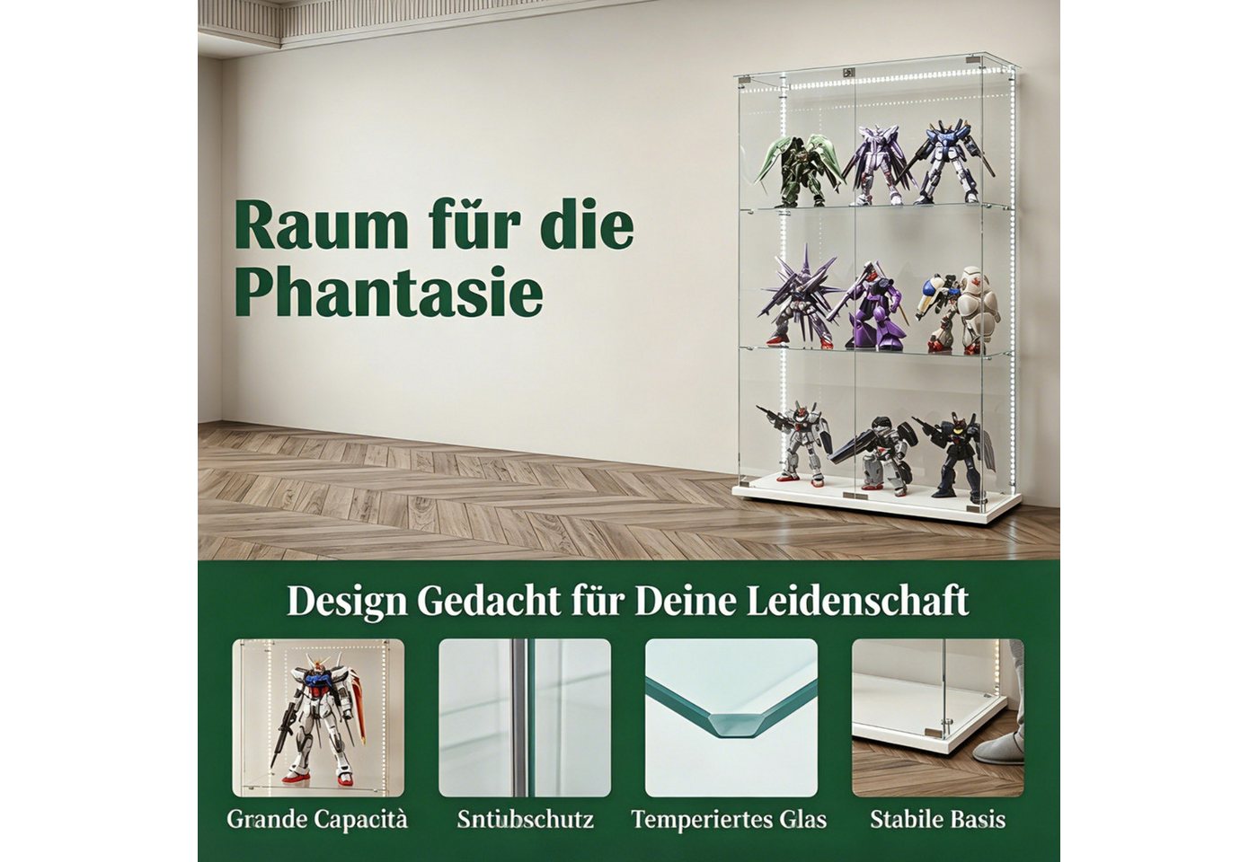 Simurq Glasvitrine Standvitrinen mit LED Beleuchtung Vitrinenschrank mit Glastür (glas vitrine mit 2 Glastür und 3 Lagen,Schloss,Kippsicherung) Sammlervitrine a – Bild 5 von 5