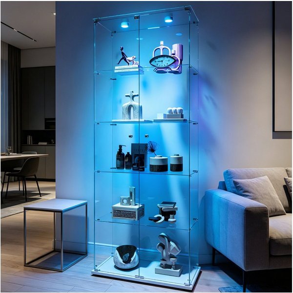 Simurq Glasvitrine Standvitrinen mit LED Beleuchtung Vitrinenschrank mit Glastür Sammlervitrine aus gehärtetes Glas,Modernes rahmenloses Design