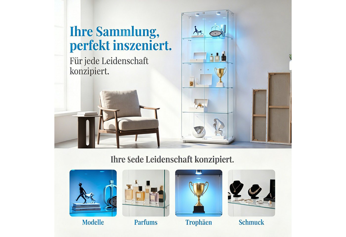Simurq Glasvitrine Standvitrinen mit LED Beleuchtung Vitrinenschrank mit Glastür Sammlervitrine aus gehärtetes Glas,Modernes rahmenloses Design – Bild 4 von 5