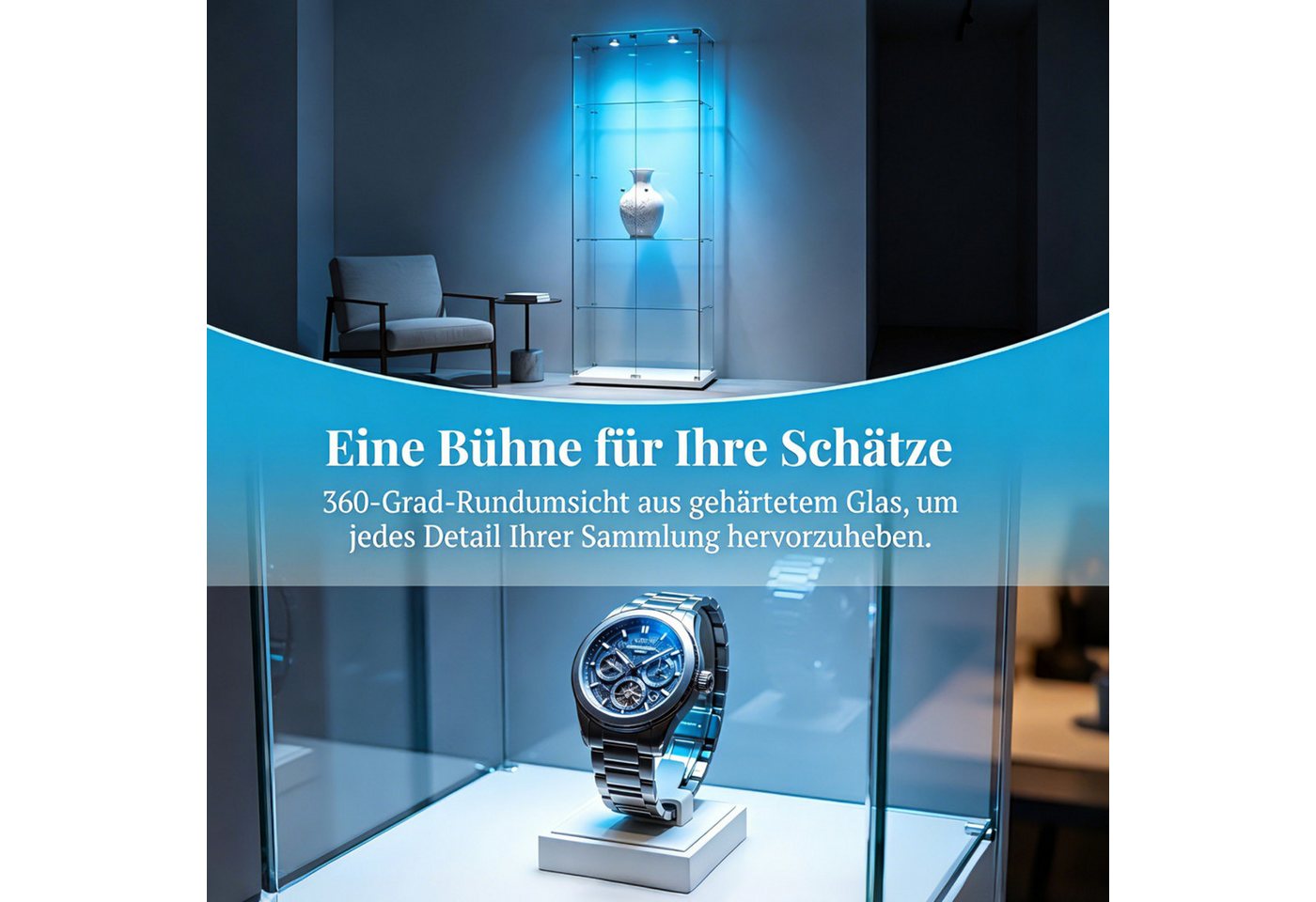 Simurq Glasvitrine Standvitrinen mit LED Beleuchtung Vitrinenschrank mit Glastür Sammlervitrine aus gehärtetes Glas,Modernes rahmenloses Design – Bild 5 von 5