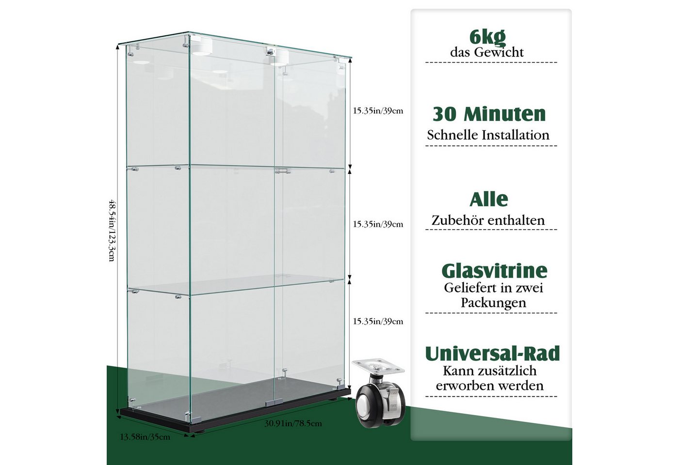 Simurq Glasvitrine Standvitrinen mit LED Beleuchtung Vitrinenschrank mit Glastür (glas vitrine mit 2 Glastür und 3 Lagen,Schloss,Kippsicherung) Sammlervitrine a – Bild 2 von 5