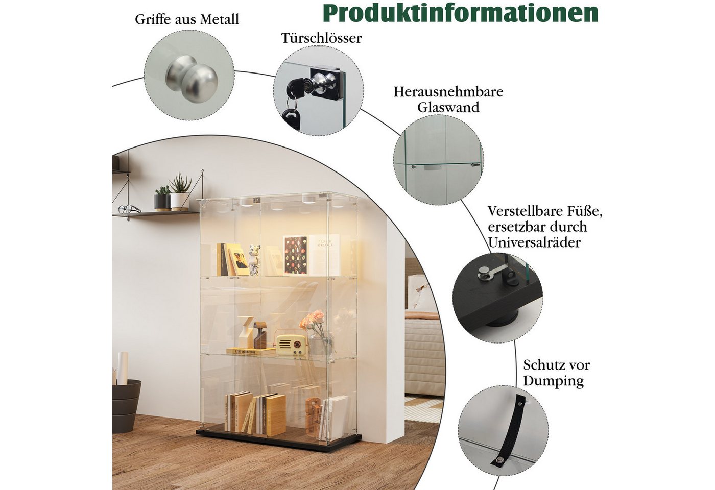 Simurq Glasvitrine Standvitrinen mit LED Beleuchtung Vitrinenschrank mit Glastür (glas vitrine mit 2 Glastür und 3 Lagen,Schloss,Kippsicherung) Sammlervitrine a – Bild 3 von 5