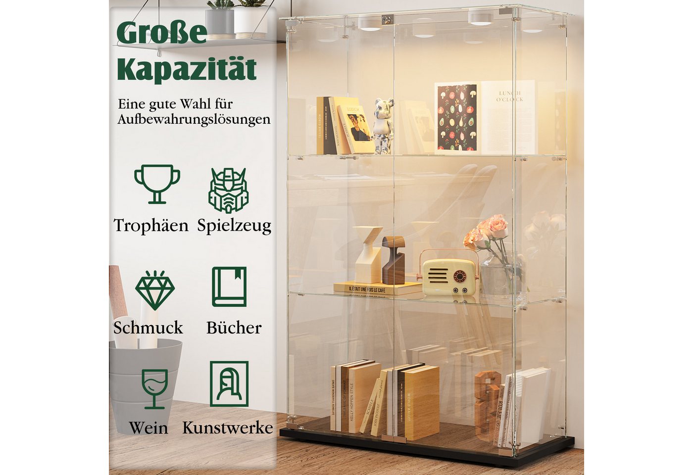 Simurq Glasvitrine Standvitrinen mit LED Beleuchtung Vitrinenschrank mit Glastür (glas vitrine mit 2 Glastür und 3 Lagen,Schloss,Kippsicherung) Sammlervitrine a – Bild 4 von 5
