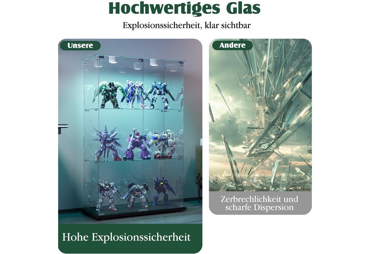 Simurq Glasvitrine Standvitrinen mit LED Beleuchtung Vitrinenschrank mit Glastür (glas vitrine mit 2 Glastür und 3 Lagen,Schloss,Kippsicherung) Sammlervitrine a – Bild 5 von 5