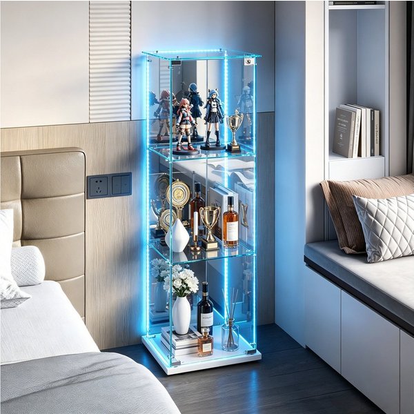Simurq Glasvitrine Standvitrinen mit LED Beleuchtung, 3 Lagen Vitrinenschrank mit Glastür (1-St, Glas Vitrine mit 1 Glastür und 3 Lagen, Glasschrank mit Schloss