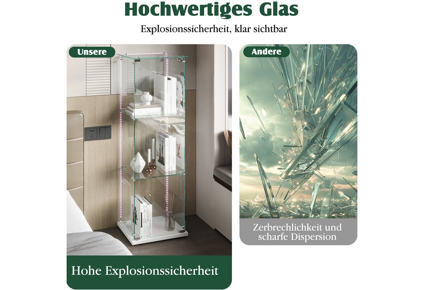 Simurq Glasvitrine Standvitrinen mit LED Beleuchtung, 3 Lagen Vitrinenschrank mit Glastür (1-St, Glas Vitrine mit 1 Glastür und 3 Lagen, Glasschrank mit Schloss – Bild 3 von 5