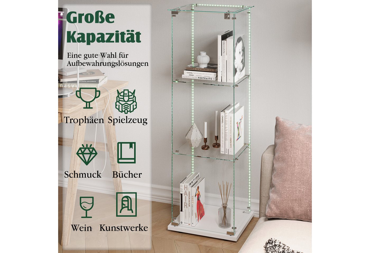 Simurq Glasvitrine Standvitrinen mit LED Beleuchtung, 3 Lagen Vitrinenschrank mit Glastür (1-St, Glas Vitrine mit 1 Glastür und 3 Lagen, Glasschrank mit Schloss – Bild 4 von 5