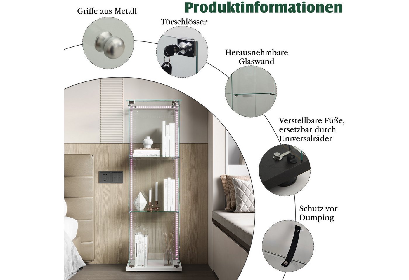 Simurq Glasvitrine Standvitrinen mit LED Beleuchtung, 3 Lagen Vitrinenschrank mit Glastür (1-St, Glas Vitrine mit 1 Glastür und 3 Lagen, Glasschrank mit Schloss – Bild 5 von 5