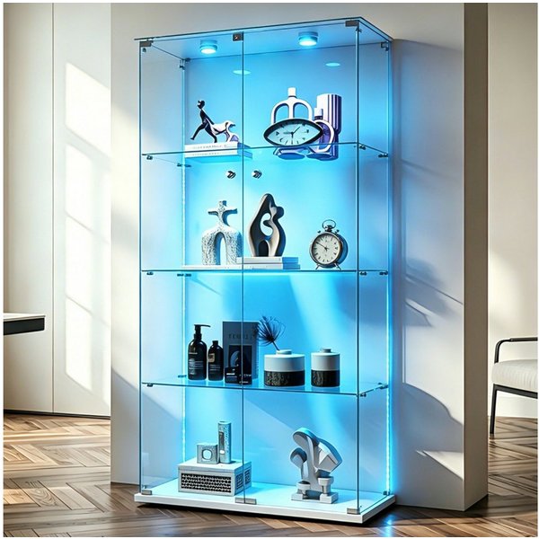 Simurq Glasvitrine Standvitrinen mit LED Beleuchtung Vitrinenschrank mit Glastür (glas vitrine mit 2 Glastür und 4 Lagen,Schloss,Kippsicherung) Sammlervitrine a