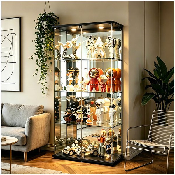 Simurq Glasvitrine Vitrinenschrank Glas mit Led Beleuchtung, Standvitrine mit 2 glastüren (Sammlervitrine mit Schloss und Kippsicherung, gehärtetes Glas) Standv