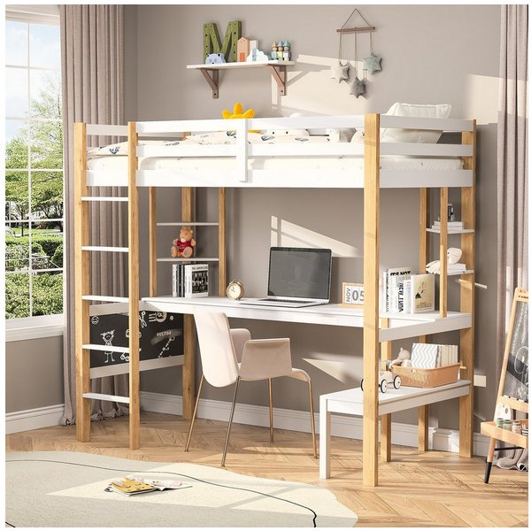 Simurq Hochbett Jugendbett 90x200 cm, Etagenbett, kinderbett mit Schreibtisch, Stabiles Massivholz Hochbett