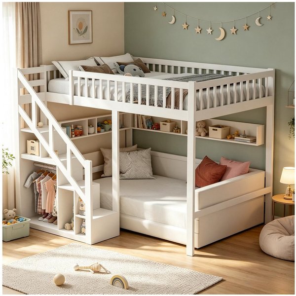 Simurq Hochbett Kinder‑Loftbett 90x200, Stauraumtreppe, Stern‑Muster Absturzsicherung