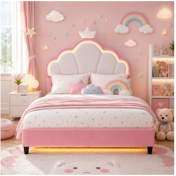 Simurq Kinderbett 140x200 cm Mädchen Bett Mit LED, Kopfteil in Kronenform und Lattenrost (Set, Ohne Matratze), Polsterbett Prinzessinbett mit Gepolstertem Kopft