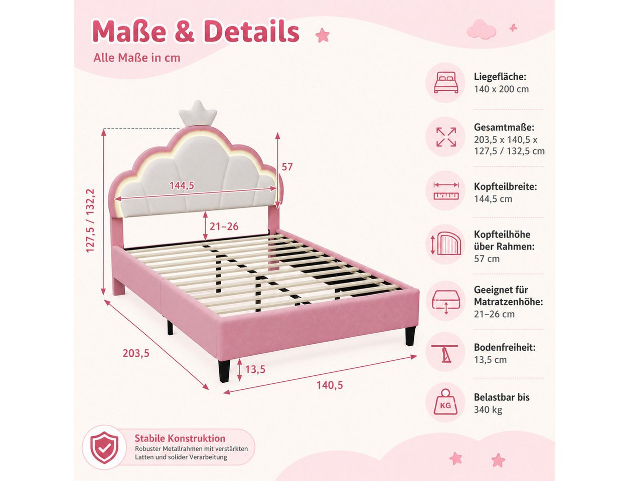 Simurq Kinderbett 140x200 cm Mädchen Bett Mit LED, Kopfteil in Kronenform und Lattenrost (Set, Ohne Matratze), Polsterbett Prinzessinbett mit Gepolstertem Kopft – Bild 2 von 5