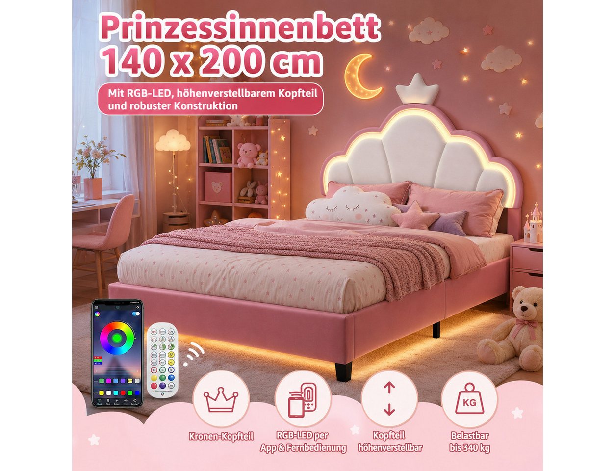 Simurq Kinderbett 140x200 cm Mädchen Bett Mit LED, Kopfteil in Kronenform und Lattenrost (Set, Ohne Matratze), Polsterbett Prinzessinbett mit Gepolstertem Kopft – Bild 3 von 5