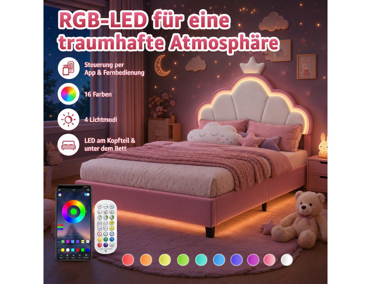 Simurq Kinderbett 140x200 cm Mädchen Bett Mit LED, Kopfteil in Kronenform und Lattenrost (Set, Ohne Matratze), Polsterbett Prinzessinbett mit Gepolstertem Kopft – Bild 4 von 5